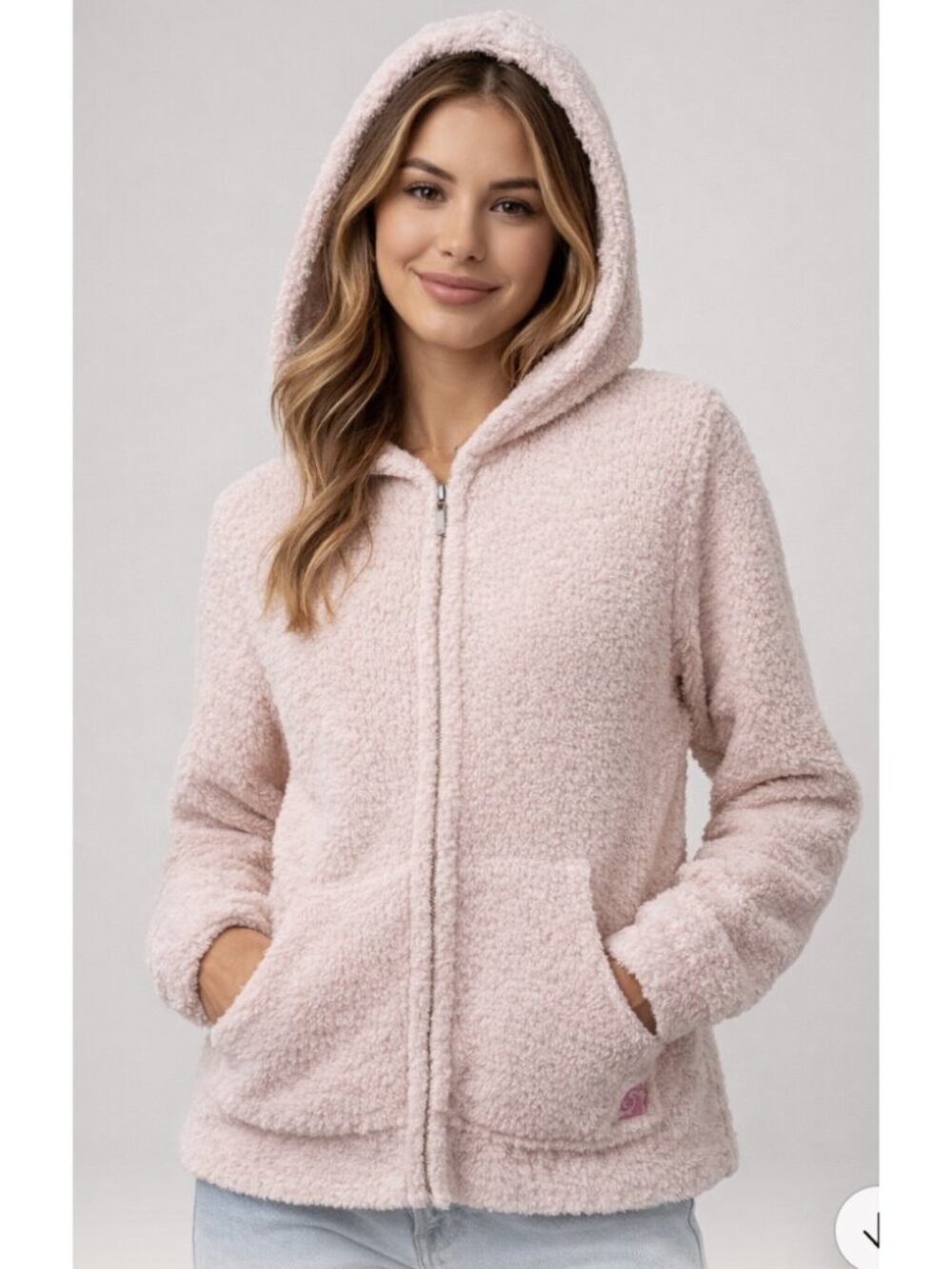 KASHWERE Zip Up Hooded Chenilla Classic Sweater Jacket in Light Pink Medium